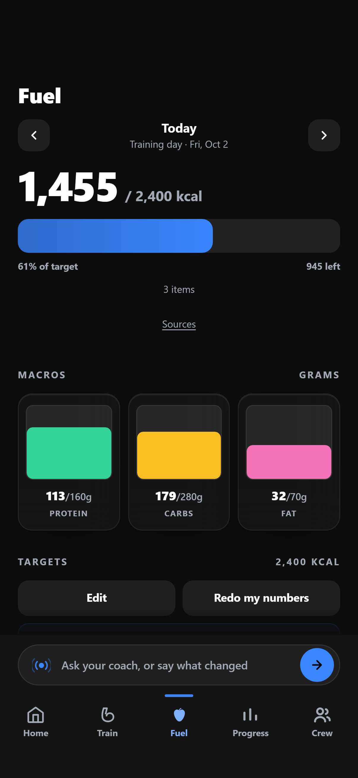Pyke Fuel showing a calorie target, protein, carbs, fats, water and meal planning.