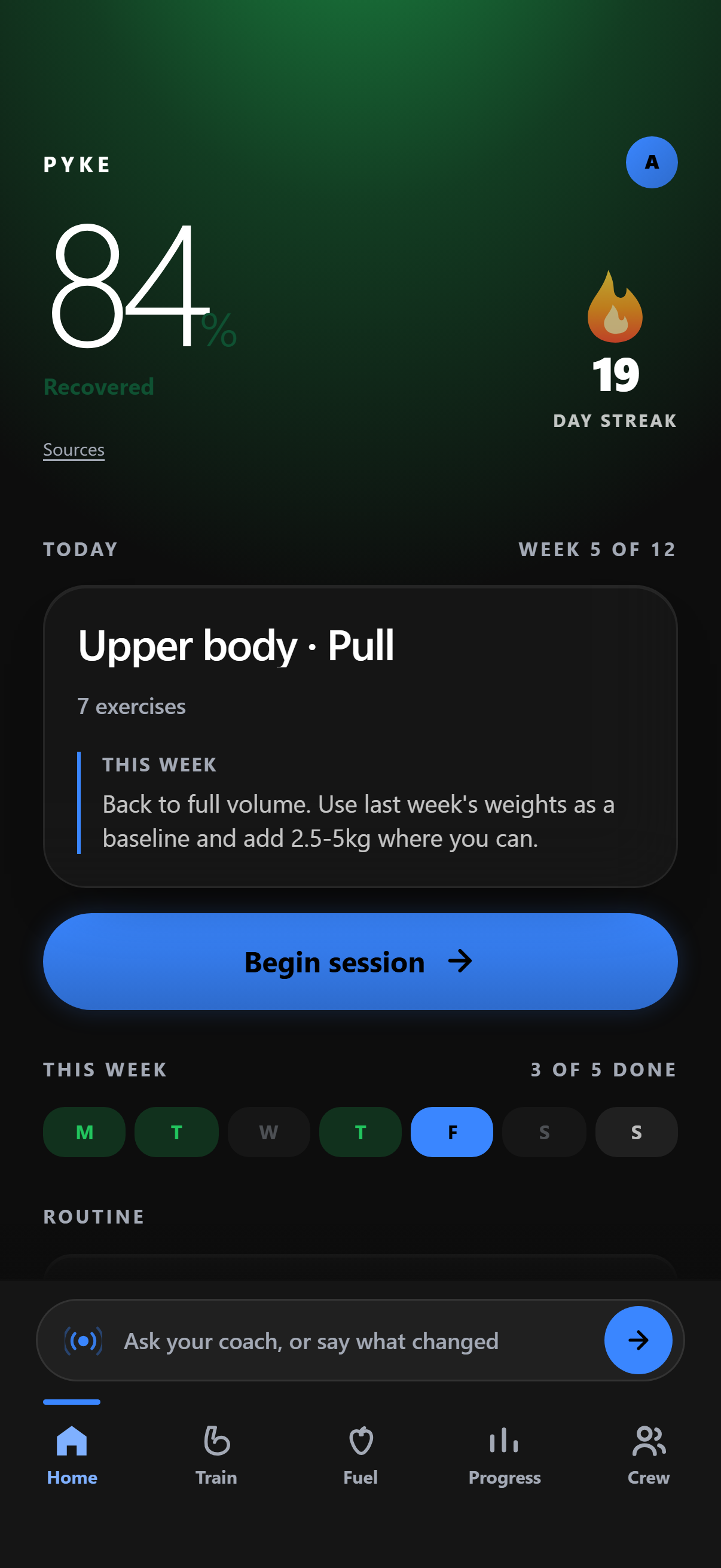 Real Pyke Home screen: recovery readiness, today’s workout, training consistency, routine and daily fuel in one view.